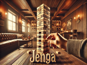 Image of a Jenga Tower Blocks game in a warm, wooden-themed lounge. A hand carefully removes a block from the towering stack, with "Jenga" displayed in bold text at the bottom. The cozy room features soft lighting, rustic furniture, and a relaxed atmosphere.