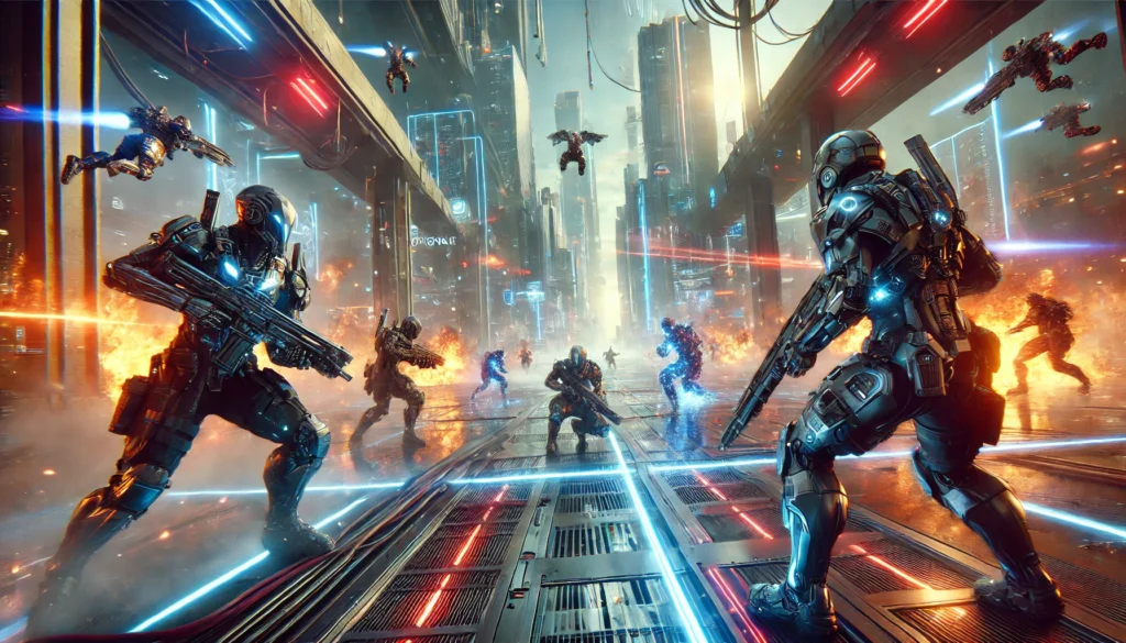 A futuristic battlefield in a dystopian city where original and cloned warriors engage in an intense strategic combat. The warriors wear advanced s game online