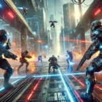A futuristic battlefield in a dystopian city where armored warriors and their clones engage in high-energy combat. The scene features advanced sci-fi armor, glowing energy weapons, and dynamic abilities like force fields and teleportation. Explosions, energy beams, and debris fill the air, with neon lights and fire illuminating the intense, action-packed environment
