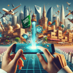 Image of a Saudi skyline blending with digital elements, viewed from a smartphone in hand.
