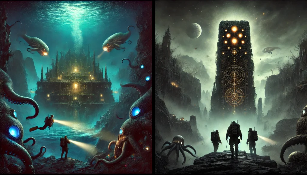 DALL·E 2025 03 07 22.24.39 A high definition wide landscape promotional image for two Lovecraft inspired horror games. The left side features an underwater abyss with a massive 1 game online