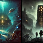 A wide landscape digital painting of a Lovecraft-inspired horror scene. On the left, a deep-sea abyss with an ancient temple illuminated by eerie bioluminescent lights. A lone deep-sea diver cautiously approaches while colossal tentacles and glowing eyes lurk in the darkness. On the right, a desolate wasteland with a towering mound covered in glowing eldritch runes. Four explorers in survival gear approach as shadowy, monstrous figures emerge from the mist. The scene is ominous, mysterious, and filled with cosmic horror elements.