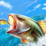 Image of a massive, realistic bass leaping from the ocean, mouth wide open, as it lunges for a detailed, golden fishing lure. The bright blue sky, fluffy white clouds, and splashing water create a dynamic, action-packed fishing scene. 🎣