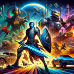 Image of a futuristic warrior with a glowing sword and shield, surrounded by cosmic scenes.
