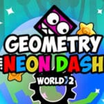 Image of a colorful 'Geometry Neon Dash World 2' game thumbnail showcasing a stylized globe with a teal and green gradient. A square-shaped character with a wide grin and purple eyes sits at the center, encircled by small yellow and orange stars. Above, 'GEOMETRY' appears in bold white letters with a black outline, followed by 'NEON DASH' in playful, multicolored blocky text, and 'WORLD 2' below in white. A gear-like base accents the globe, with white stars scattered across the vibrant, neon-inspired design.