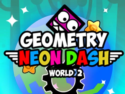 Image of a colorful 'Geometry Neon Dash World 2' game thumbnail showcasing a stylized globe with a teal and green gradient. A square-shaped character with a wide grin and purple eyes sits at the center, encircled by small yellow and orange stars. Above, 'GEOMETRY' appears in bold white letters with a black outline, followed by 'NEON DASH' in playful, multicolored blocky text, and 'WORLD 2' below in white. A gear-like base accents the globe, with white stars scattered across the vibrant, neon-inspired design.