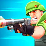 Image of a determined soldier in a green uniform aiming and firing a large silver gun, with a bright blue background adding a dynamic action effect.