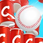 Image of a baseball crashing into a stack of red cans with white lettering, causing them to topple against a bright blue background. ⚾💥