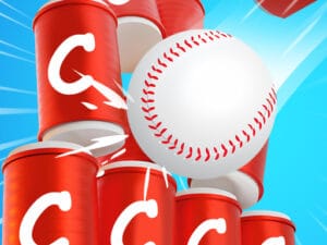 Image of a baseball crashing into a stack of red cans with white lettering, causing them to topple against a bright blue background. ⚾💥