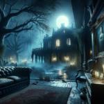 Image of a dimly lit gothic mansion with a full moon, eerie trees, and flickering candles.