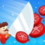 Image of a cartoon chef in a red outfit with a mustache, energetically chopping bright red tomato slices with a large, shining knife on a blue checkered background.