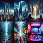 Image of a futuristic cityscape collage, with neon lights, skyscrapers, and vivid urban scenes.