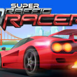 Super Traffic Racer: A sleek red sports car speeds past city traffic with flames bursting from exhaust, bridge in background.