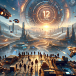 Image of futuristic cityscape with spaceships, a glowing portal, and people observing the scene.