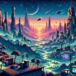Image of a futuristic cityscape with neon-lit skyscrapers, flying vehicles, and vibrant sunset sky.