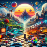 Image of a vibrant, surreal landscape with futuristic elements, colorful skies, and diverse objects.