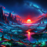 Image of a vivid alien landscape at sunset with tall peaks, glowing plants, and a serene river.