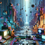 Image of a futuristic cityscape with floating spheres, glowing screens, and interconnected cables.