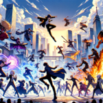 Image of a dynamic cityscape with characters in action poses, surrounded by vibrant energy effects.
