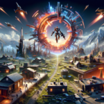 Image of a futuristic cityscape with mountains, a glowing portal, and flying spacecraft.