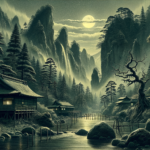 Image of a serene landscape with moonlit mountains, traditional houses, and lush pine trees.