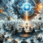 Image of futuristic warriors in battle, with glowing orb and swirling cosmos. Text: "NEW GAME PLUS".