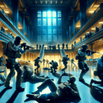 Image of armed soldiers in tactical gear navigating a grand, illuminated hall.