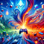 Image of a vibrant, surreal cityscape with a gaming controller at the center, radiating energy.