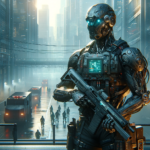 Image of a humanoid robot holding a rifle in a futuristic cityscape at dusk with neon lights.