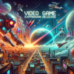 Image of a vibrant sci-fi cityscape featuring robots, spaceships, and a "Video Game Expansion Release" text