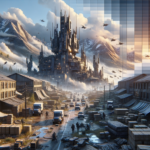 Image of a futuristic cityscape with tall towers, military vehicles, and snowy mountains.