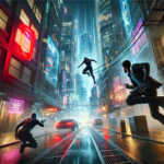 Image of a dynamic adventure scene with two characters wielding glowing weapons amid a vast landscape.