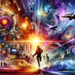Image of a figure immersed in a vibrant, surreal cityscape with swirling cosmic elements.