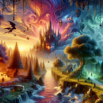 Image of a fantasy landscape with vivid colors, a castle, mythical creatures, and a glowing forest.