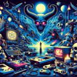 Image of a surreal scene with neon-lit skulls, retro electronics, and a looming horned figure.