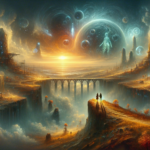 Image of a fantastical landscape with a glowing sun, cosmic orbs, and a couple on a cliff.