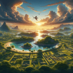 Image of a lush valley surrounded by towering mountains, with a bird flying under a dramatic sky.