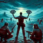 Image of a figure holding cards before soldiers and shadowy figures in a moonlit, eerie landscape.