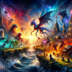 Image of a colorful fantasy landscape with mythical creatures battling near towering castles.