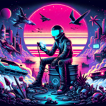 Image of a retro-futuristic scene with a helmeted figure, cityscape, and sunset in vibrant neon colors
