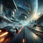 Image of a futuristic cityscape with flying vehicles, glowing lights, and a massive planet above.