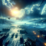 Image of a futuristic landscape with spacecraft, glowing pathways, and distant mountains at sunset.