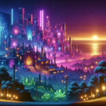 Image of a neon cityscape at dusk with colorful lights, grid details, and a glowing sunset.