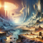 Image of a surreal landscape with towering structures, swirling sky, and scattered figures below.