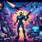 Image of a futuristic cityscape with a central robot, retro tech, and vibrant neon colors.