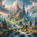 Image of a grand castle atop lush hills, surrounded by rivers and fantasy-style architecture.