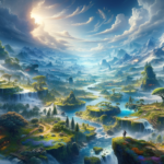 Image of a vibrant fantasy landscape with mountains, waterfalls, and a lone figure on a cliff.