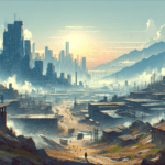 Image of a sprawling cityscape with towering buildings under a glowing sunset and misty mountains.