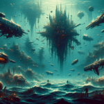 Image of futuristic submarines navigating an underwater cityscape with glowing structures.