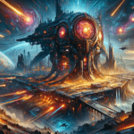 Image of a futuristic cityscape with a colossal metallic structure under a vibrant cosmic sky.